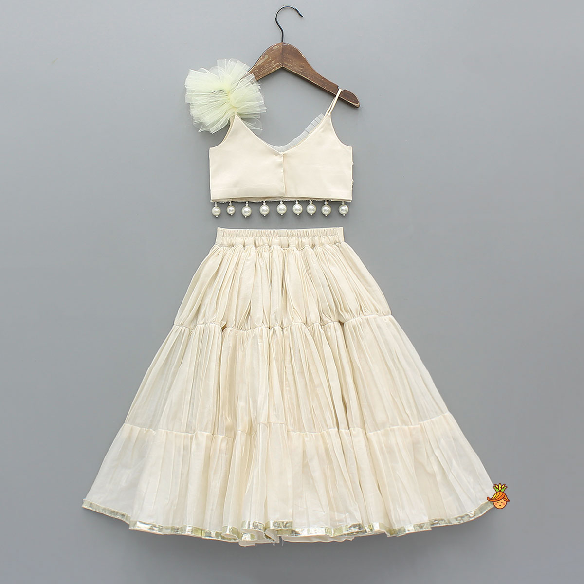 Intricate Embroidered Strappy Top With Elegant Tiered Lehenga