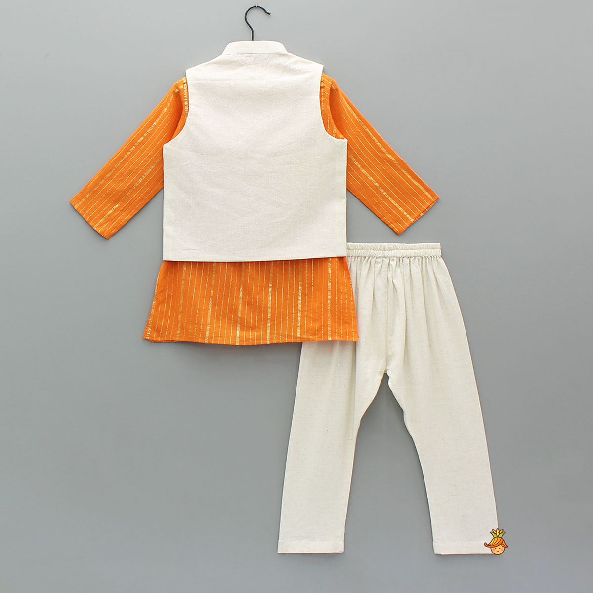 Lurex-Striped Kurta With Faux Mirror Work Jacket And Churidar