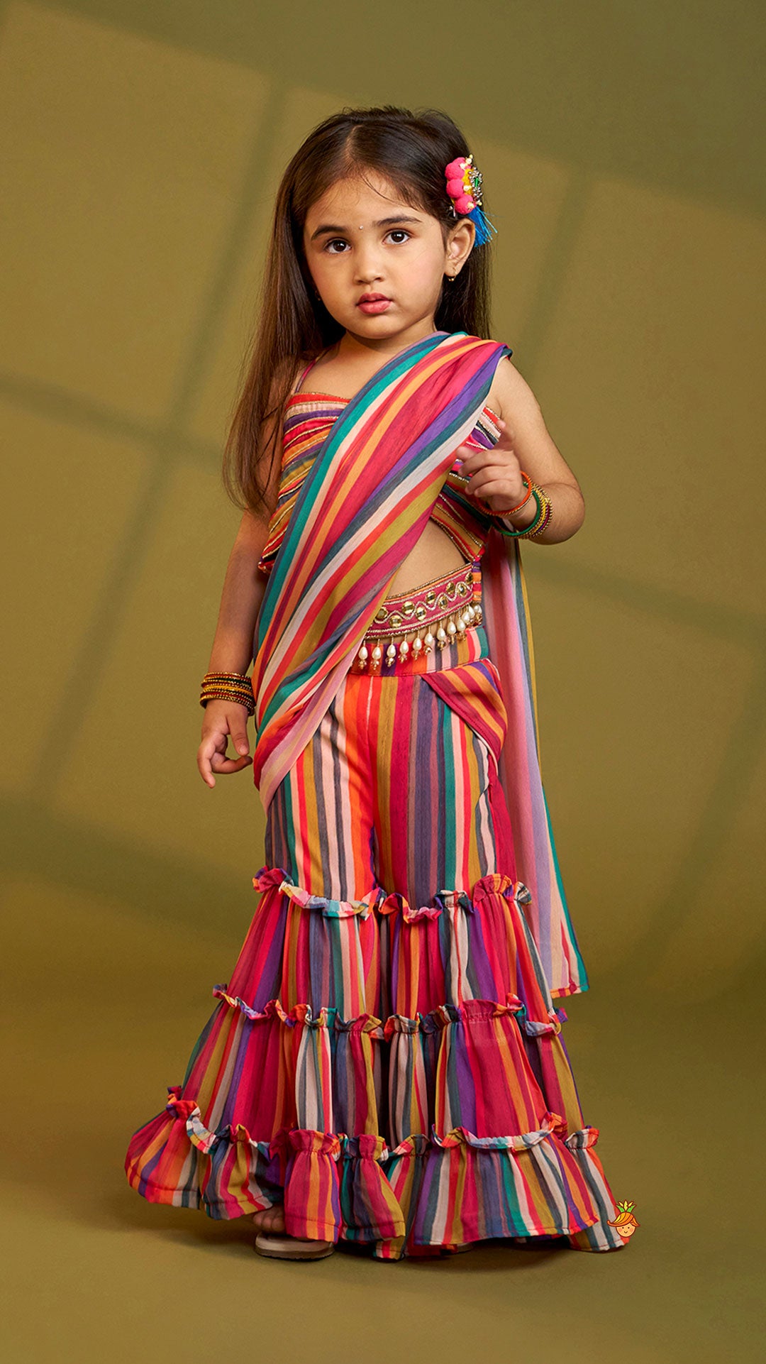 Pre Order: Gorgeous Striped Top With Tiered Sharara And Attached Drape Dupatta