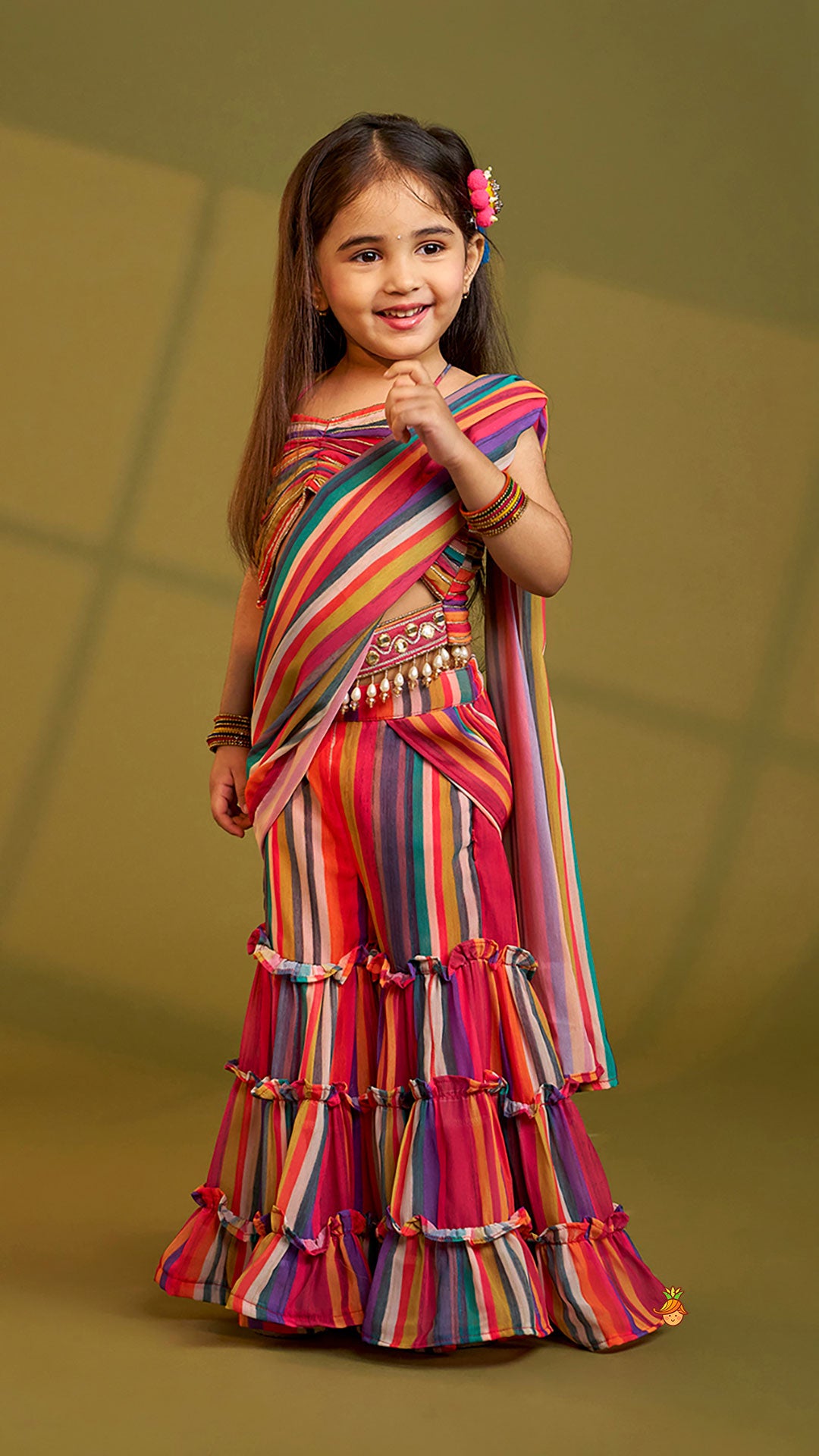 Pre Order: Gorgeous Striped Top With Tiered Sharara And Attached Drape Dupatta