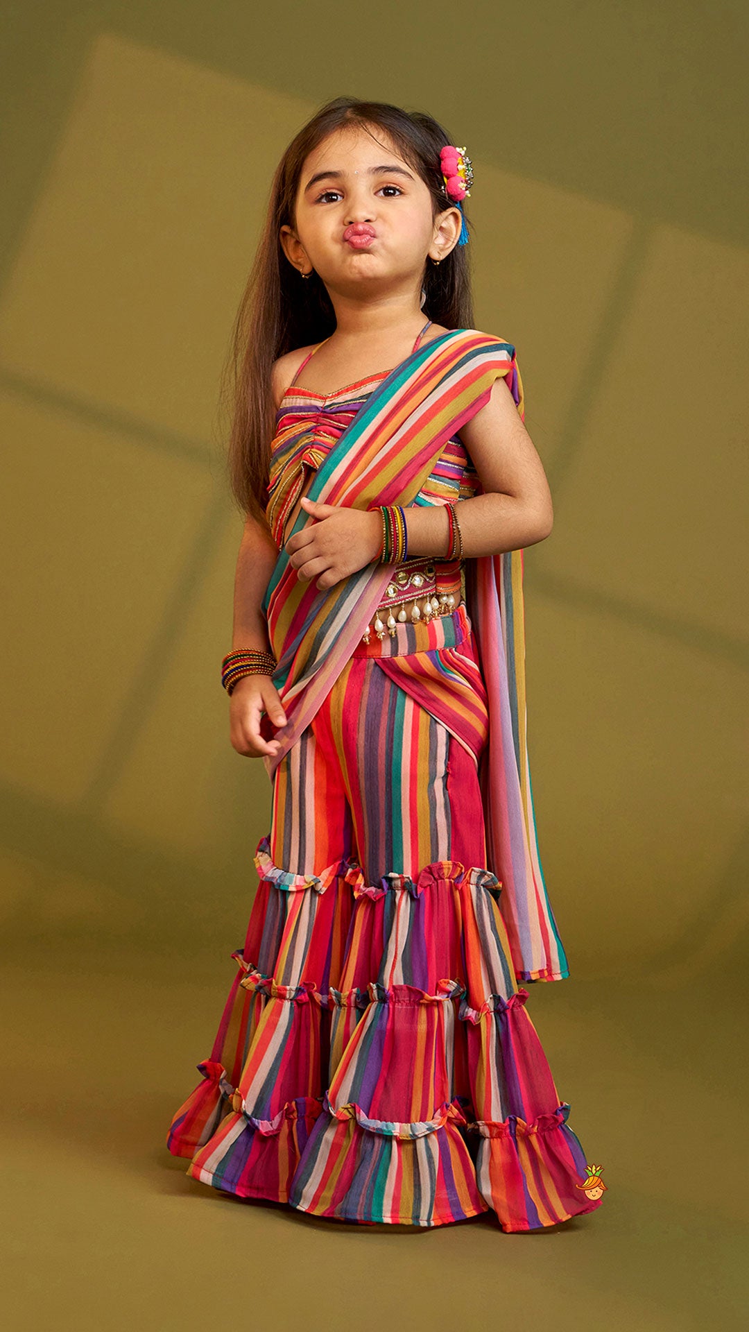 Pre Order: Gorgeous Striped Top With Tiered Sharara And Attached Drape Dupatta