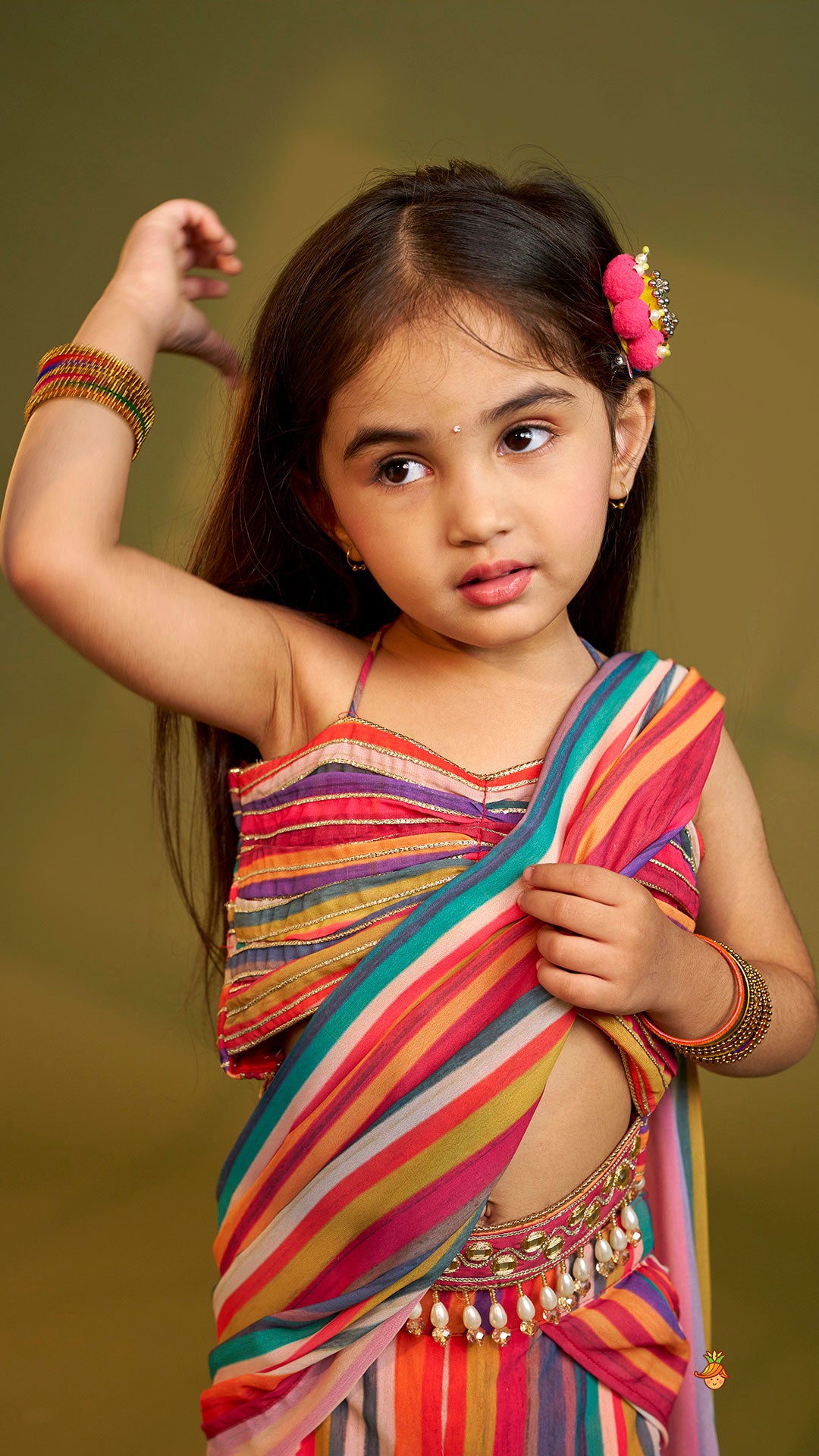 Pre Order: Gorgeous Striped Top With Tiered Sharara And Attached Drape Dupatta