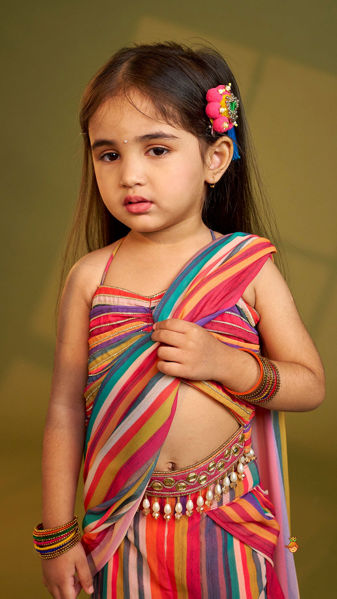 Pre Order: Gorgeous Striped Top With Tiered Sharara And Attached Drape Dupatta