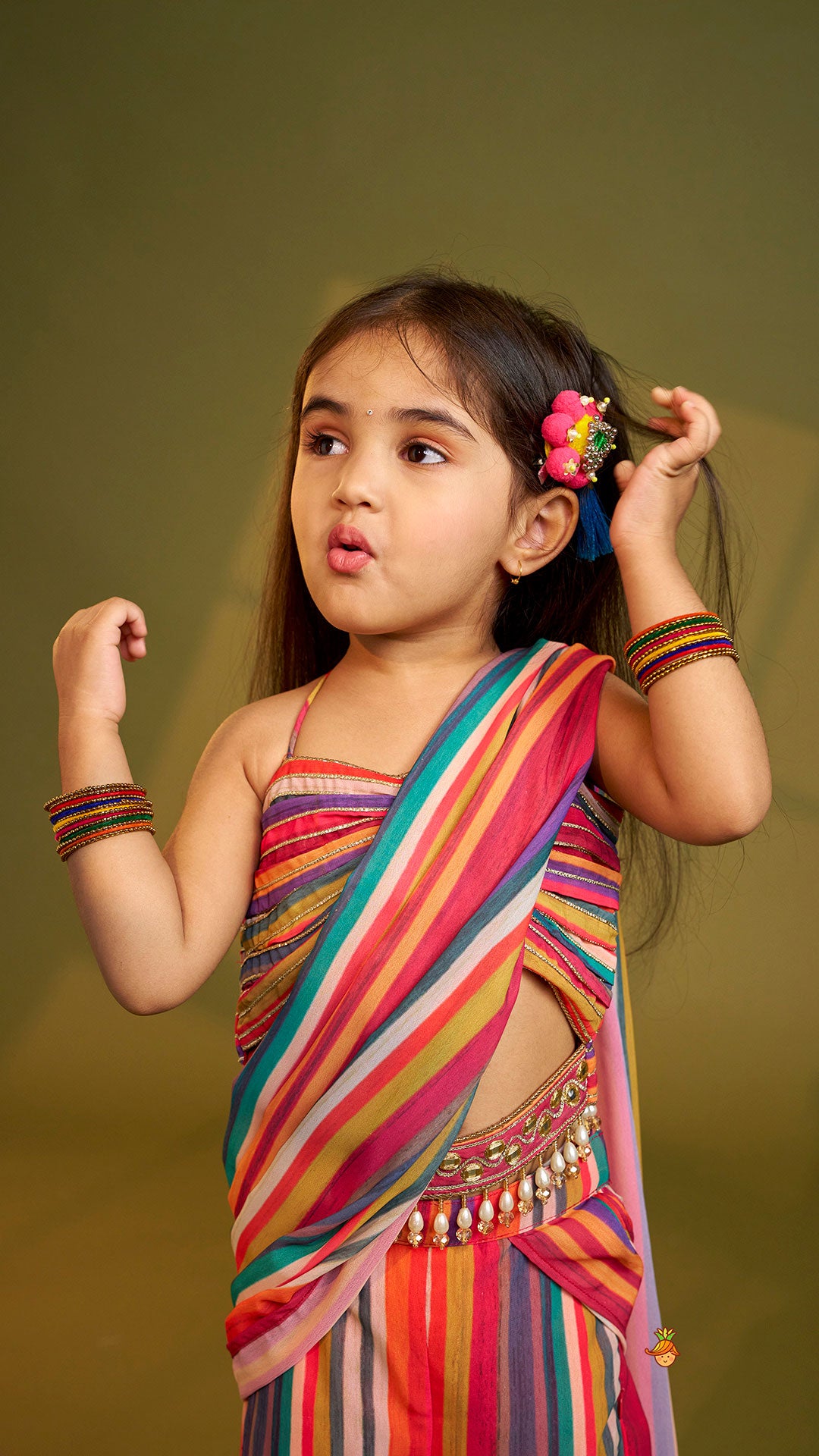 Pre Order: Gorgeous Striped Top With Tiered Sharara And Attached Drape Dupatta
