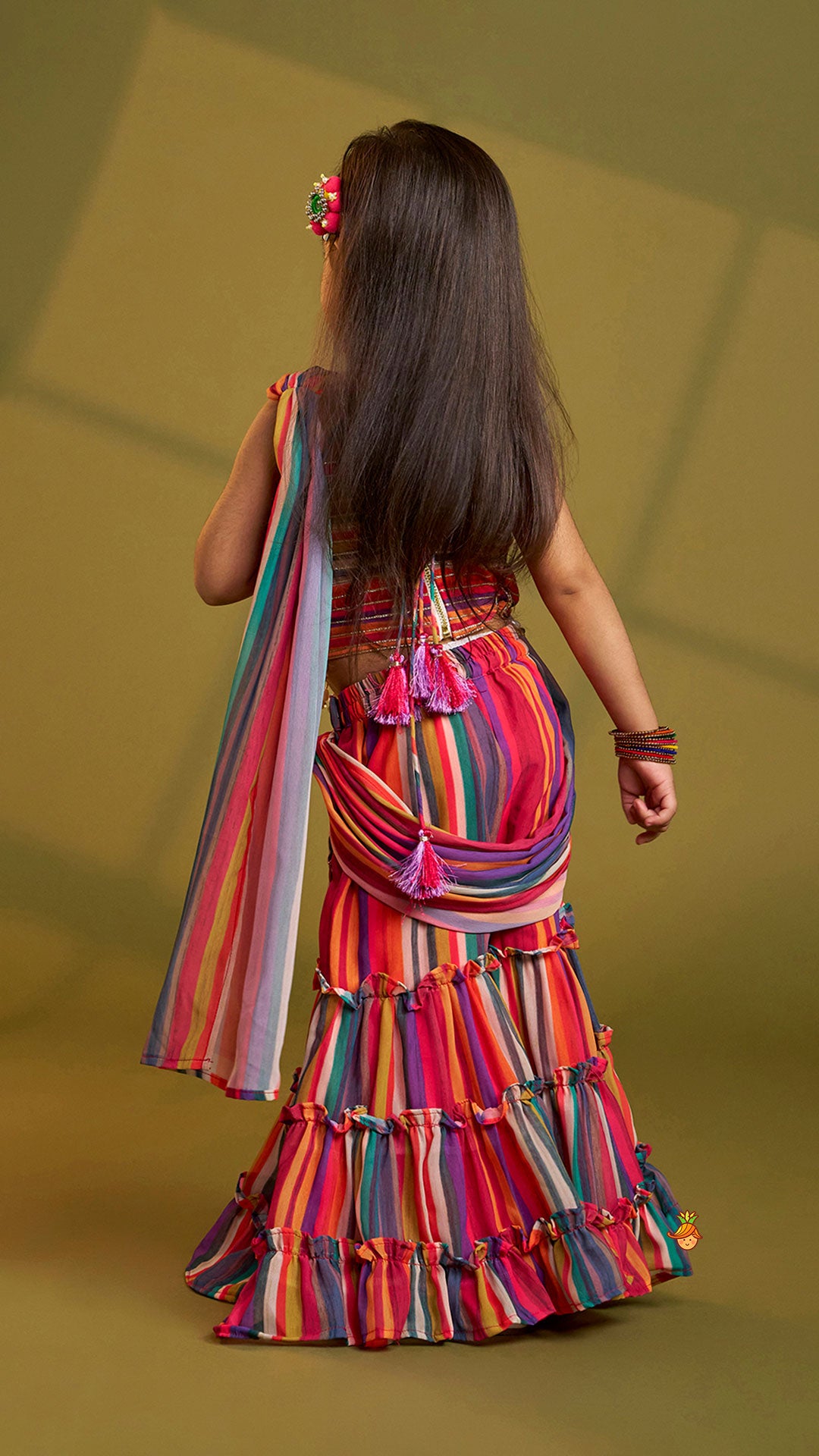 Pre Order: Gorgeous Striped Top With Tiered Sharara And Attached Drape Dupatta