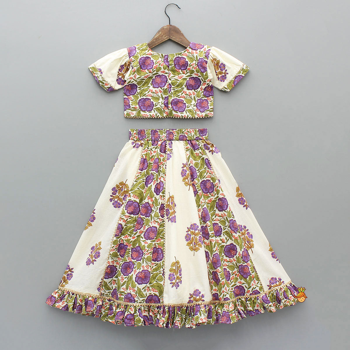Pre Order: Checked Gota Lace Detailed Yoke Top And Floral Printed Lehenga With Matching Dupatta