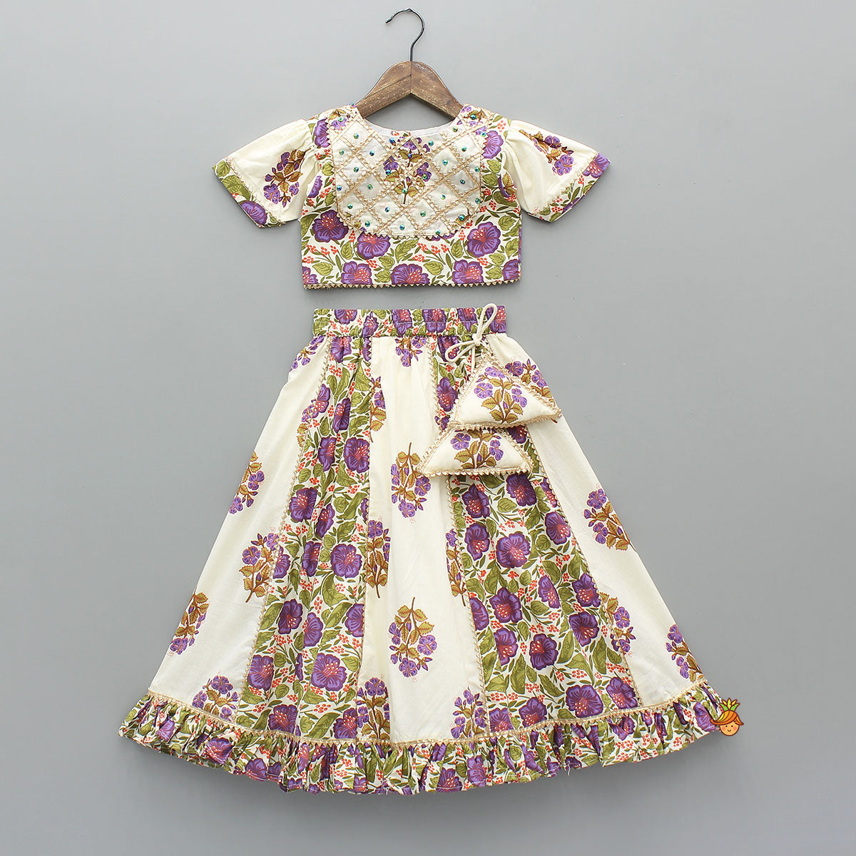 Pre Order: Checked Gota Lace Detailed Yoke Top And Floral Printed Lehenga With Matching Dupatta
