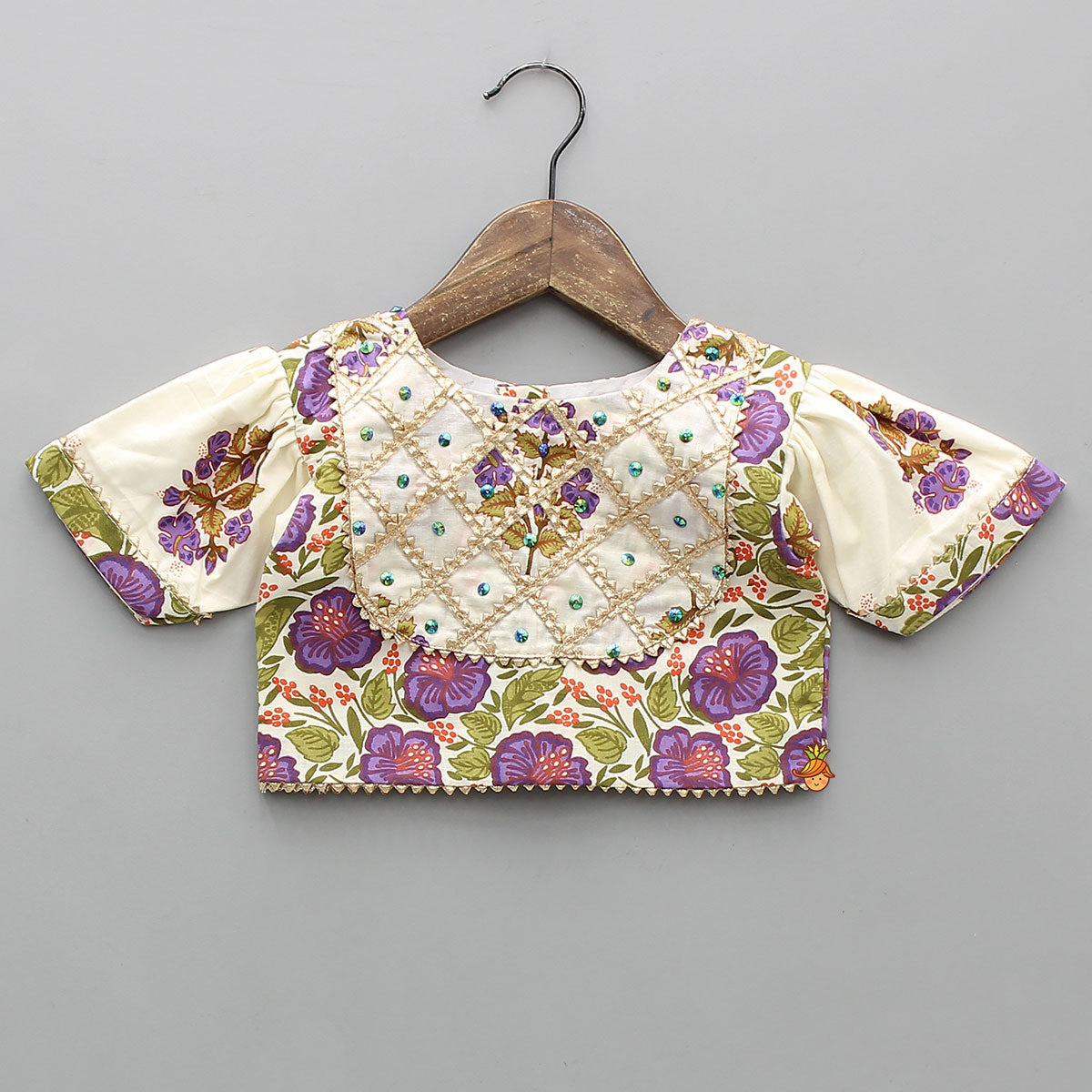 Pre Order: Checked Gota Lace Detailed Yoke Top And Floral Printed Lehenga With Matching Dupatta