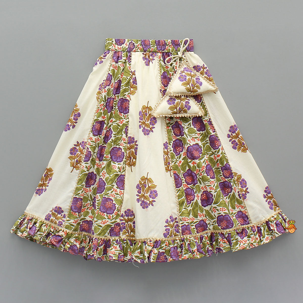 Pre Order: Checked Gota Lace Detailed Yoke Top And Floral Printed Lehenga With Matching Dupatta