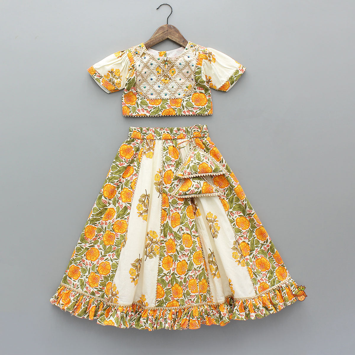 Pre Order: Checks Gota Work Yoke Top And Floral Printed Lehenga With Matching Dupatta