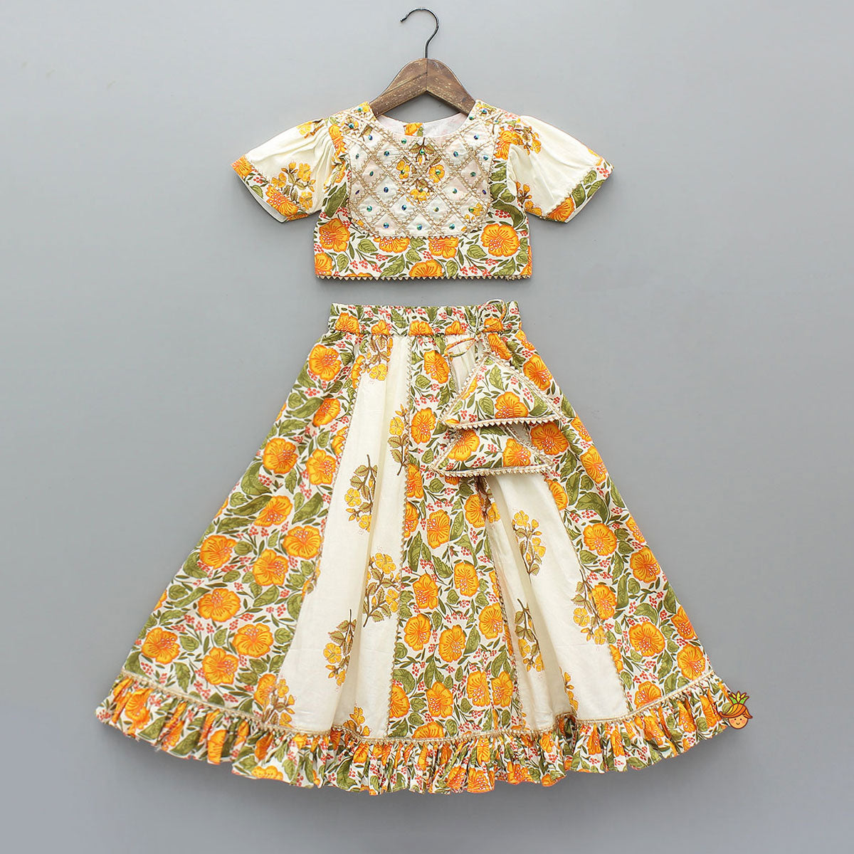 Checks Gota Work Yoke Top And Floral Printed Lehenga With Matching Dupatta