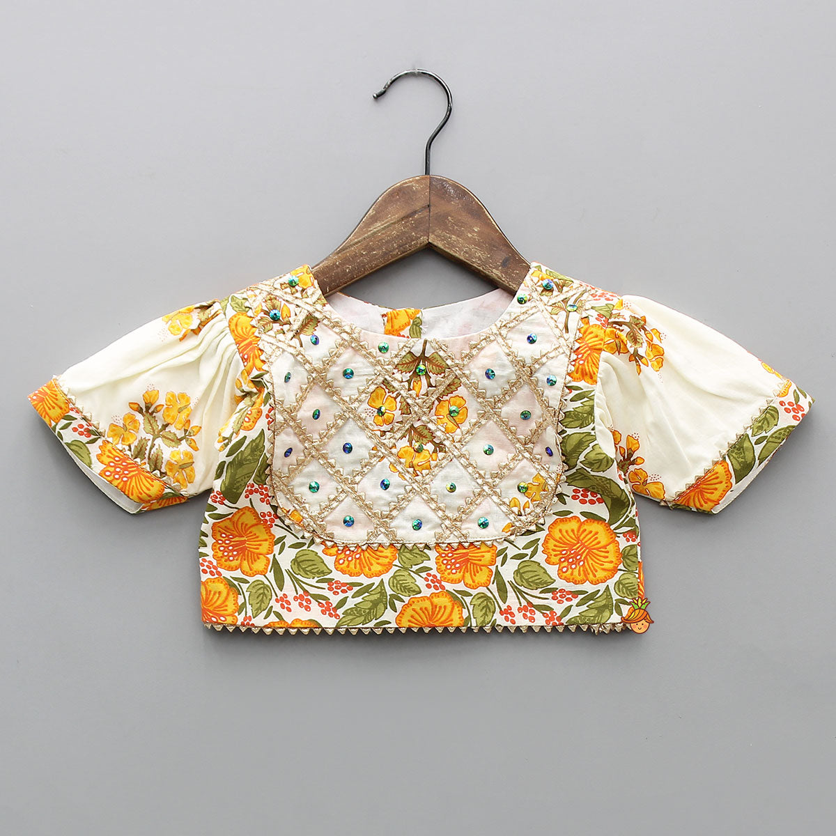 Pre Order: Checks Gota Work Yoke Top And Floral Printed Lehenga With Matching Dupatta