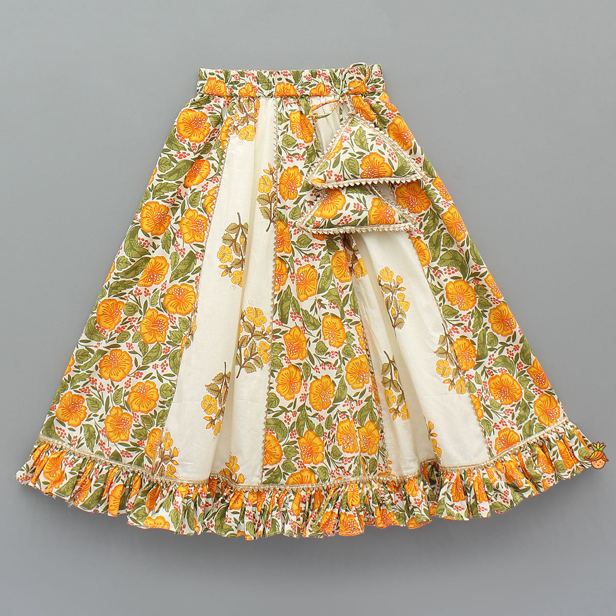Pre Order: Checks Gota Work Yoke Top And Floral Printed Lehenga With Matching Dupatta