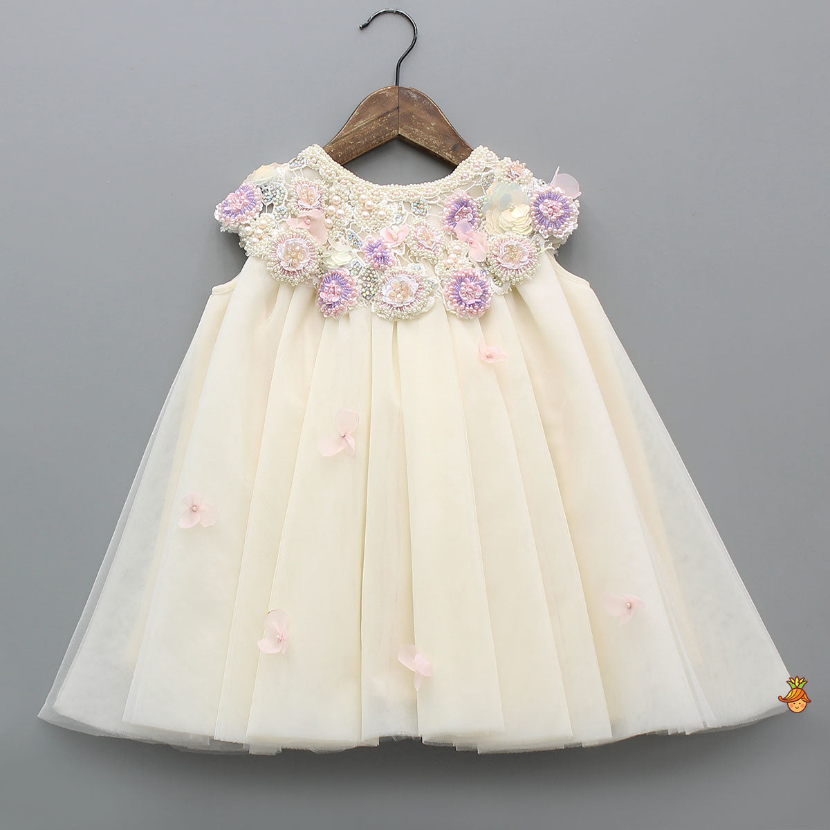 Pre Order: Yoke Embellished Flared Dress With Headband And Matching Booties With Mittens