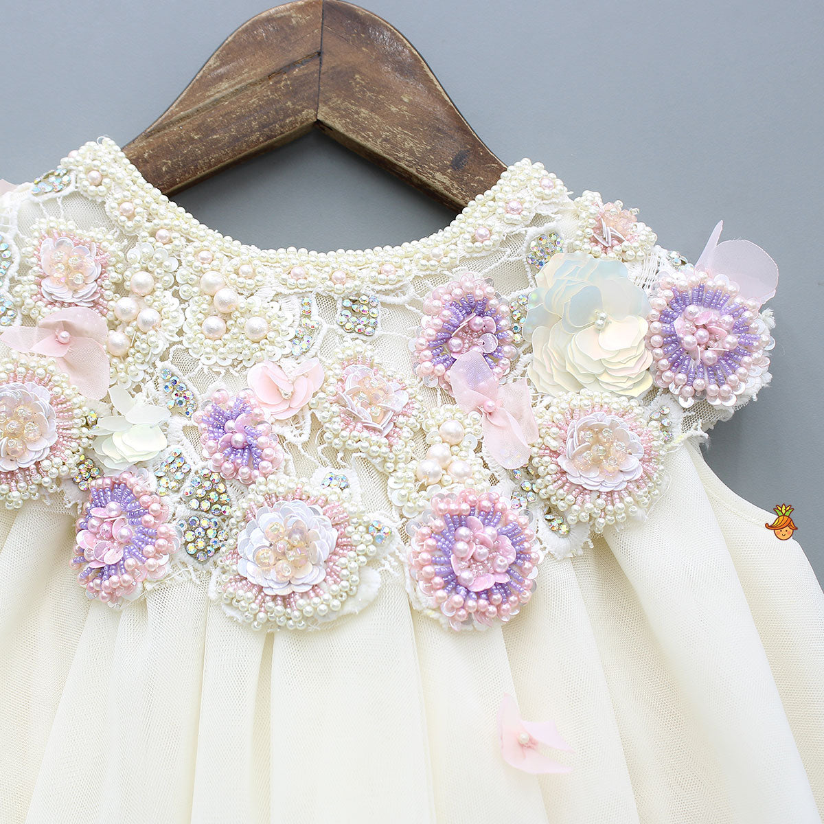Pre Order: Yoke Embellished Flared Dress With Headband And Matching Booties With Mittens