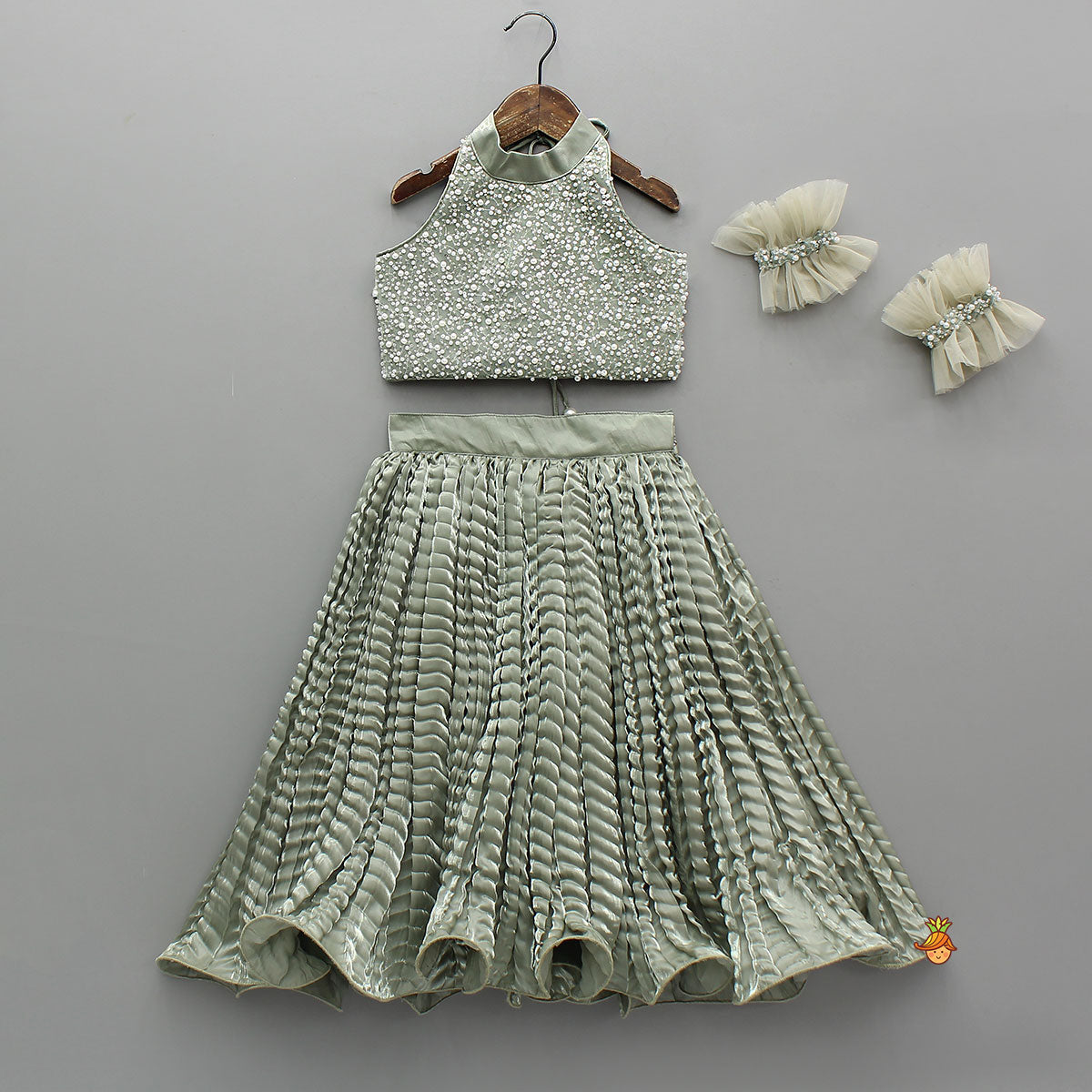 Pre Order: Gorgeous Open-Back Top And Crushed Lehenga With Wrist Cuff