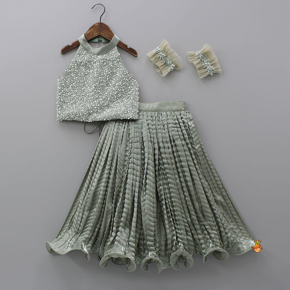 Pre Order: Gorgeous Open-Back Top And Crushed Lehenga With Wrist Cuff