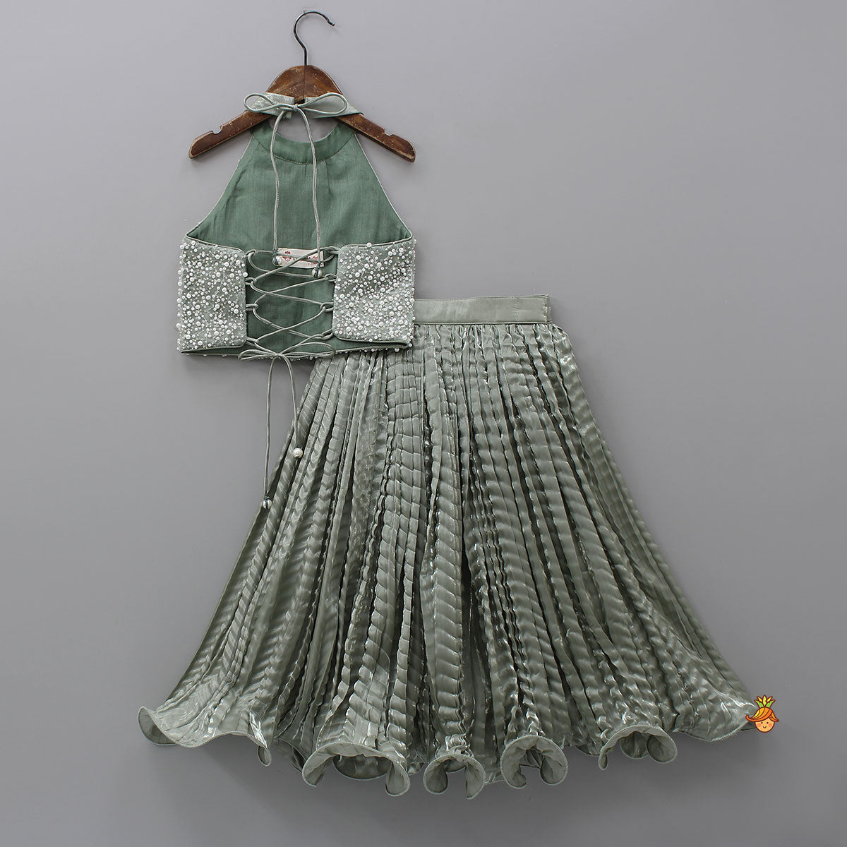 Pre Order: Gorgeous Open-Back Top And Crushed Lehenga With Wrist Cuff