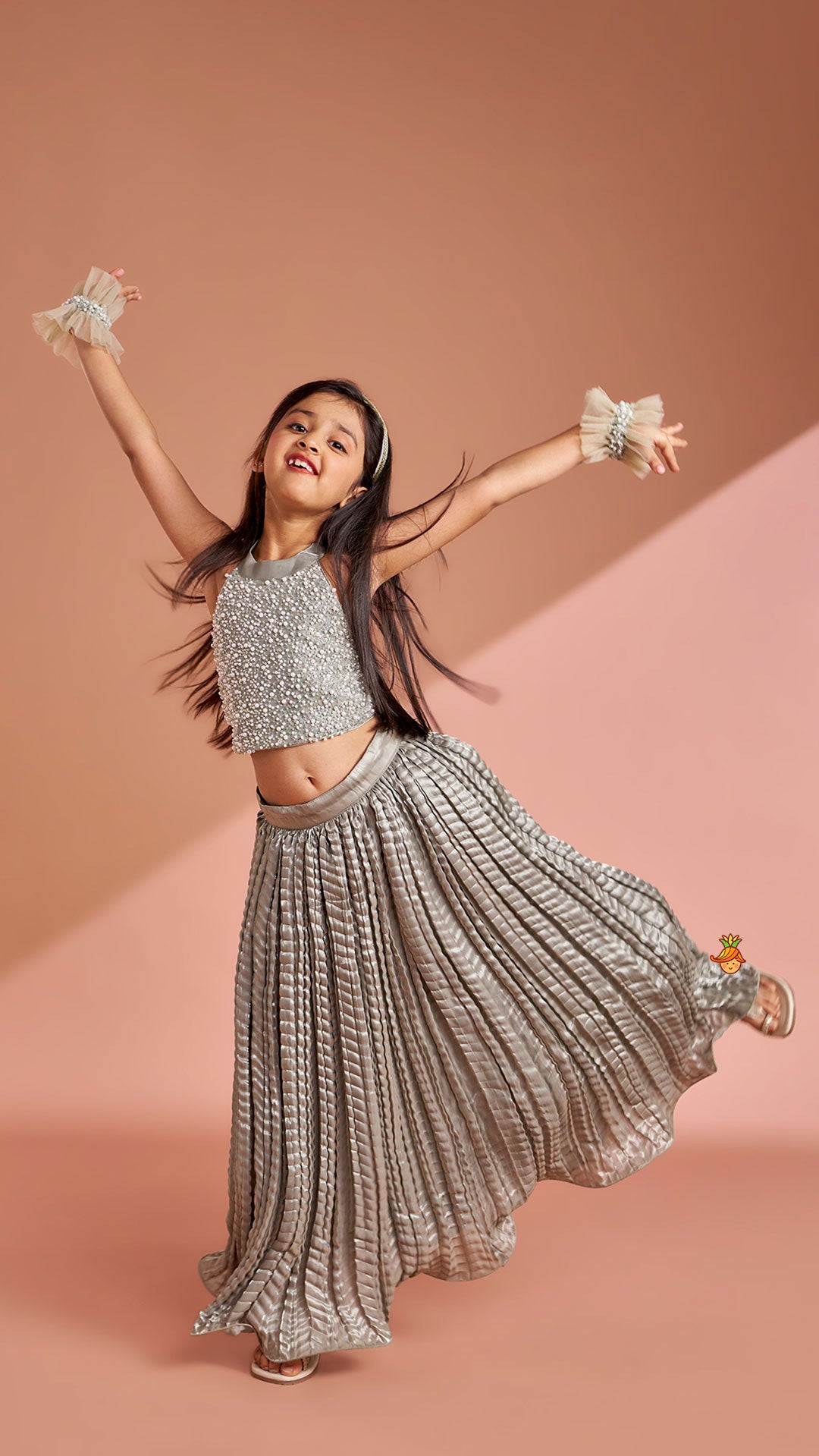 Pre Order: Gorgeous Open-Back Top And Crushed Lehenga With Wrist Cuff