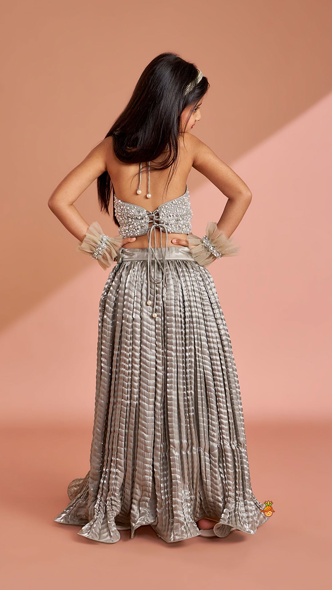 Pre Order: Gorgeous Open-Back Top And Crushed Lehenga With Wrist Cuff