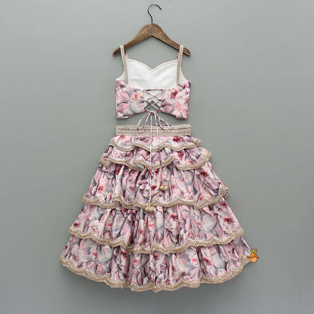 Pre Order: Printed Strappy Top And Graceful Layered Lehenga