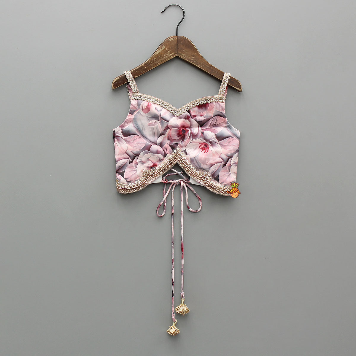 Pre Order: Printed Strappy Top And Graceful Layered Lehenga