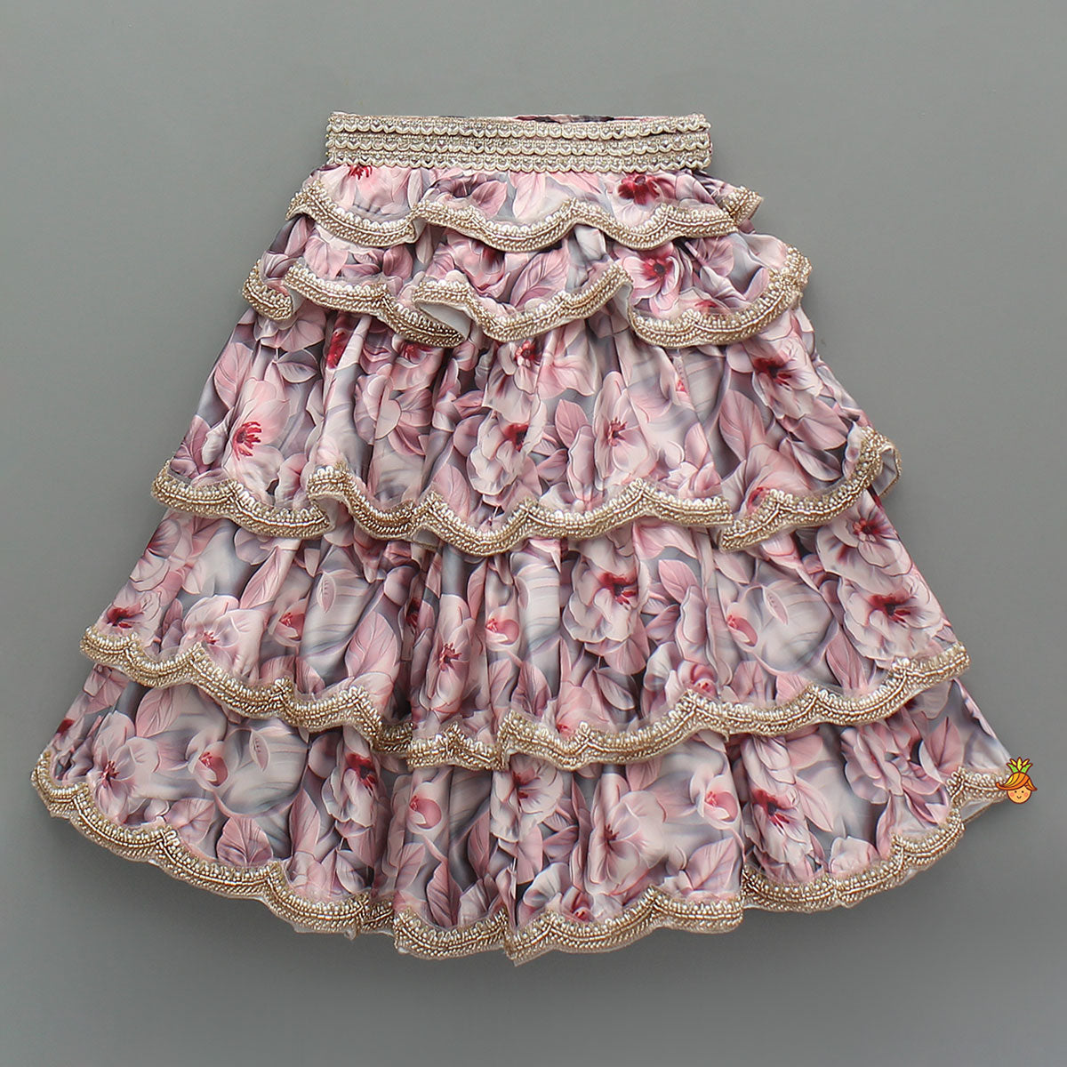 Pre Order: Printed Strappy Top And Graceful Layered Lehenga