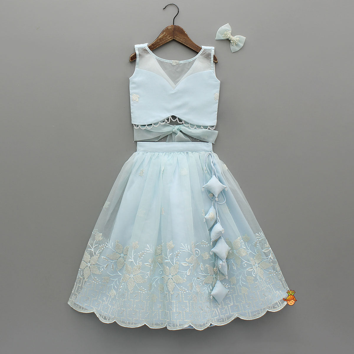 Pre Order: Organza Crop Top And Lehenga With Bow Hair Clip