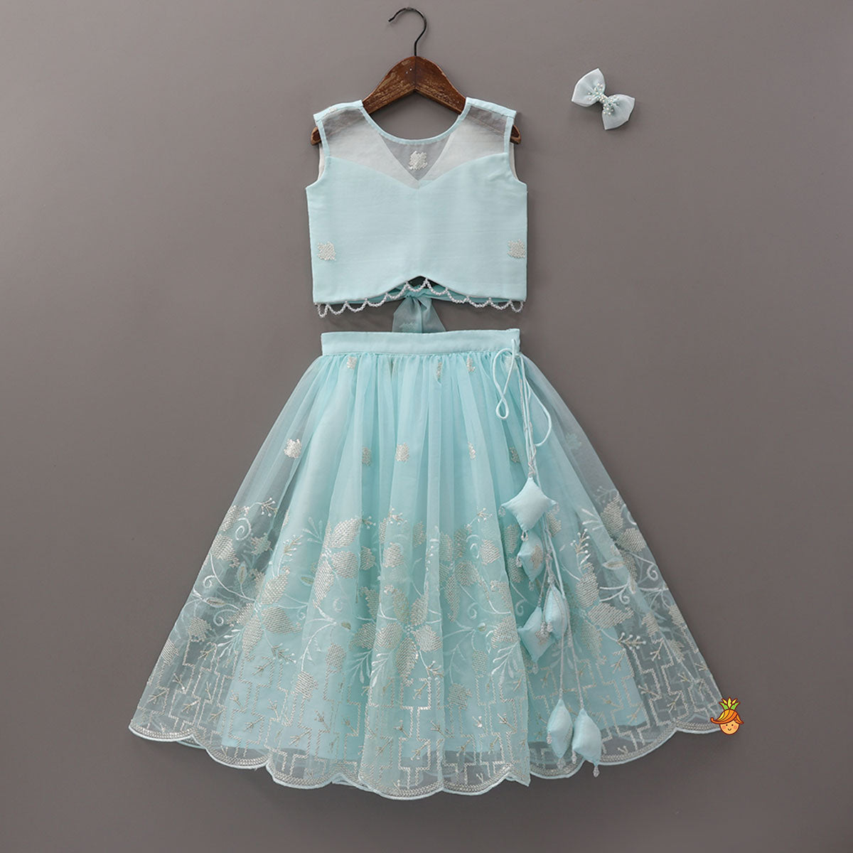 Pre Order: Organza Crop Top And Lehenga With Bow Hair Clip