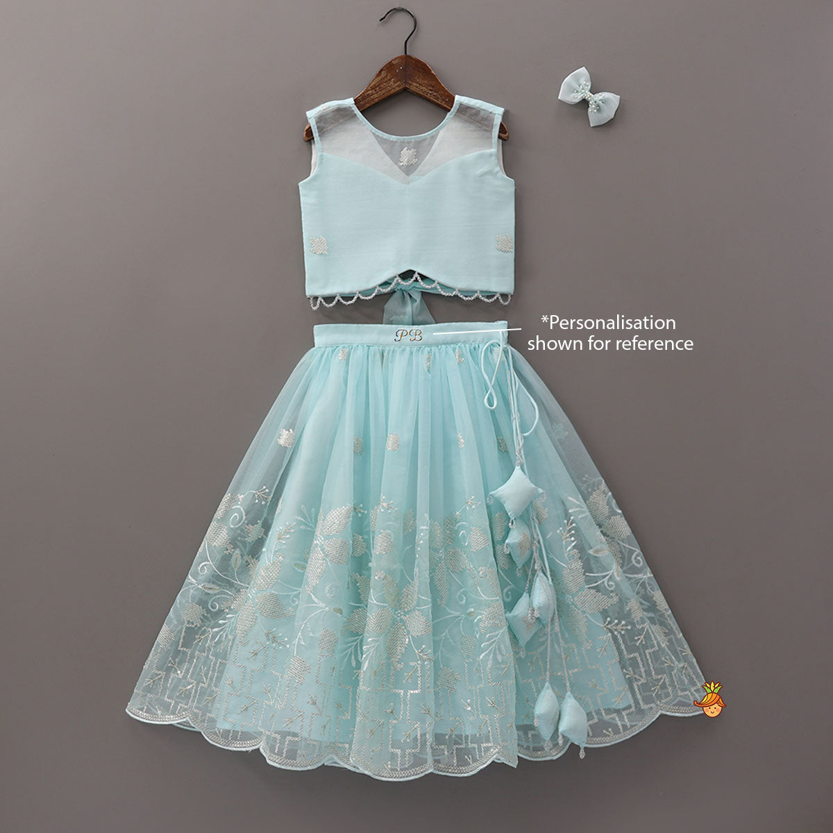 Pre Order: Organza Crop Top And Lehenga With Bow Hair Clip