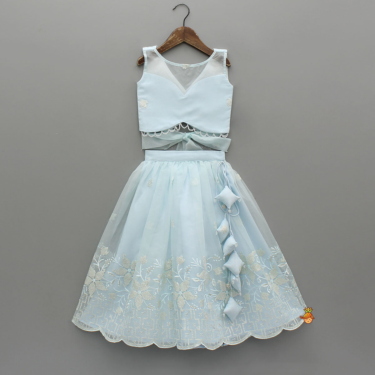 Pre Order: Organza Crop Top And Lehenga With Bow Hair Clip