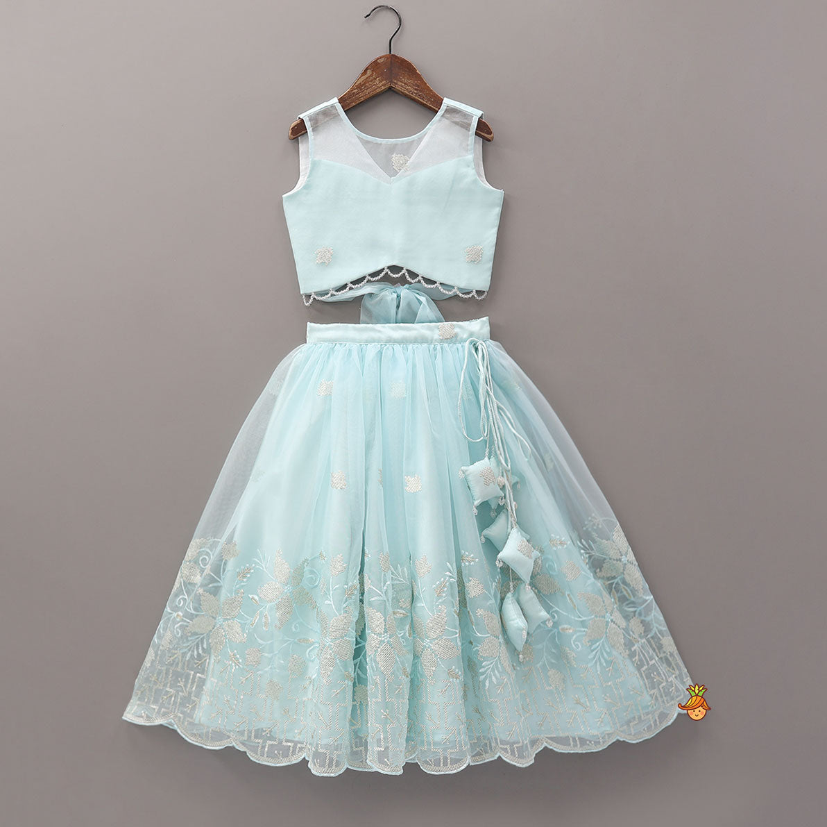 Pre Order: Organza Crop Top And Lehenga With Bow Hair Clip
