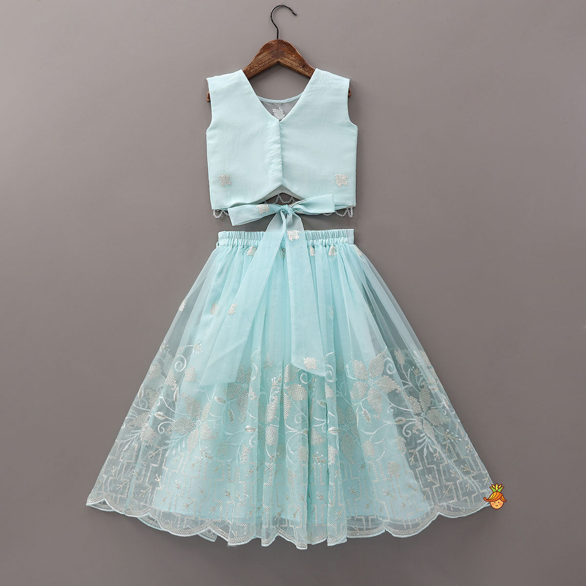 Pre Order: Organza Crop Top And Lehenga With Bow Hair Clip