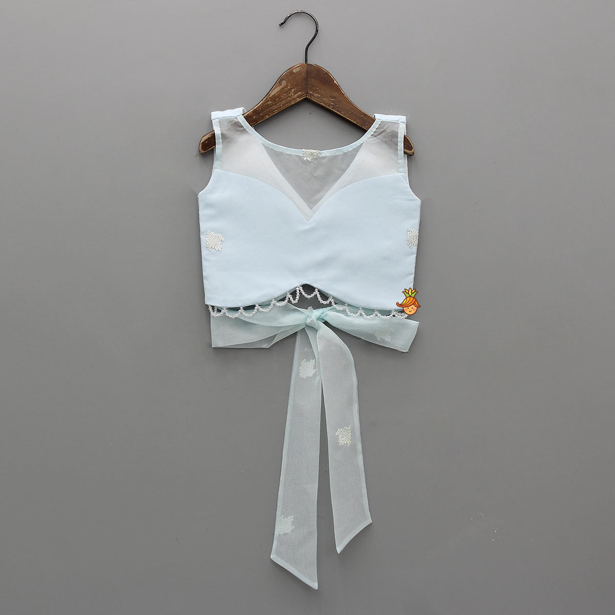 Pre Order: Organza Crop Top And Lehenga With Bow Hair Clip