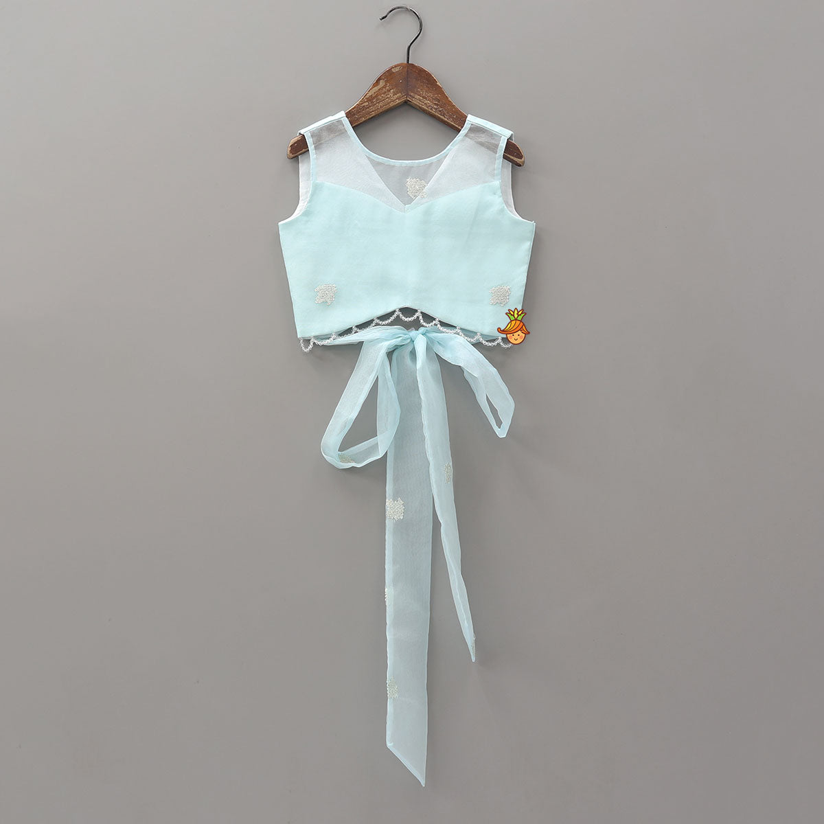 Pre Order: Organza Crop Top And Lehenga With Bow Hair Clip