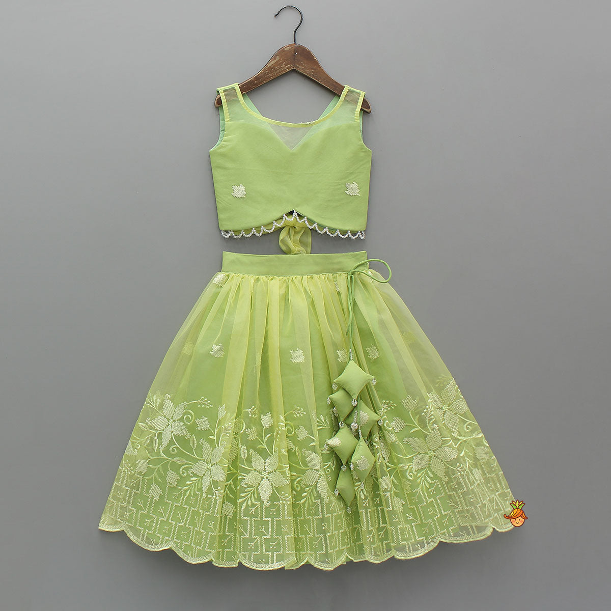 Pre Order: Organza Top And Lehenga With Bow Hair Clip