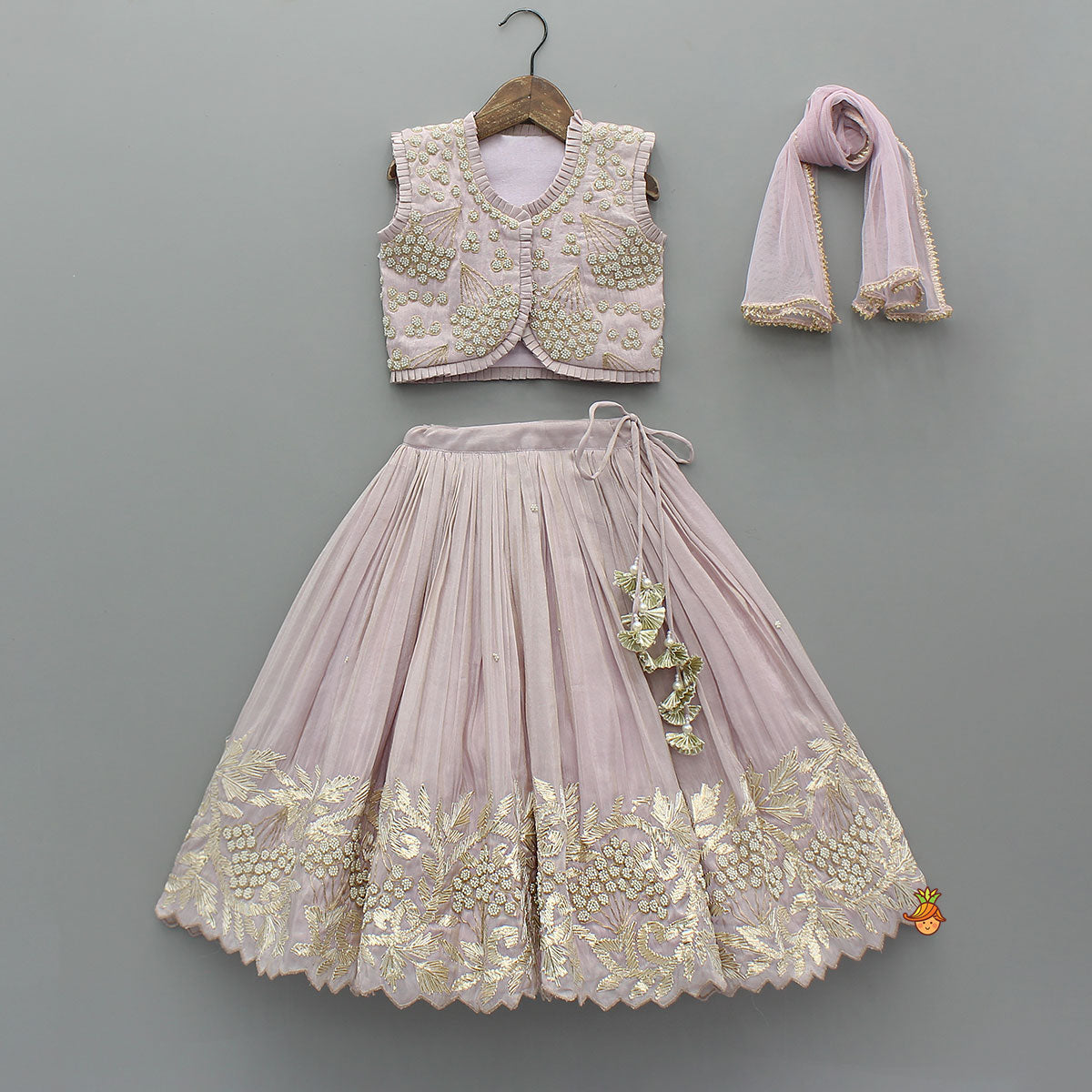 Pre Order: Embroidered Stylish Hem Shimmery Top And Pleated Lehenga With Net Dupatta