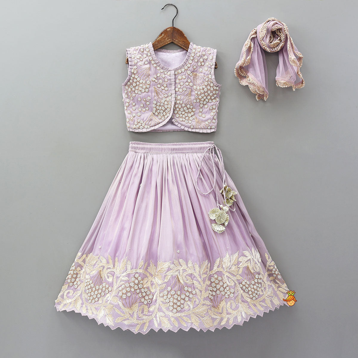 Pre Order: Embroidered Stylish Hem Shimmery Top And Pleated Lehenga With Net Dupatta