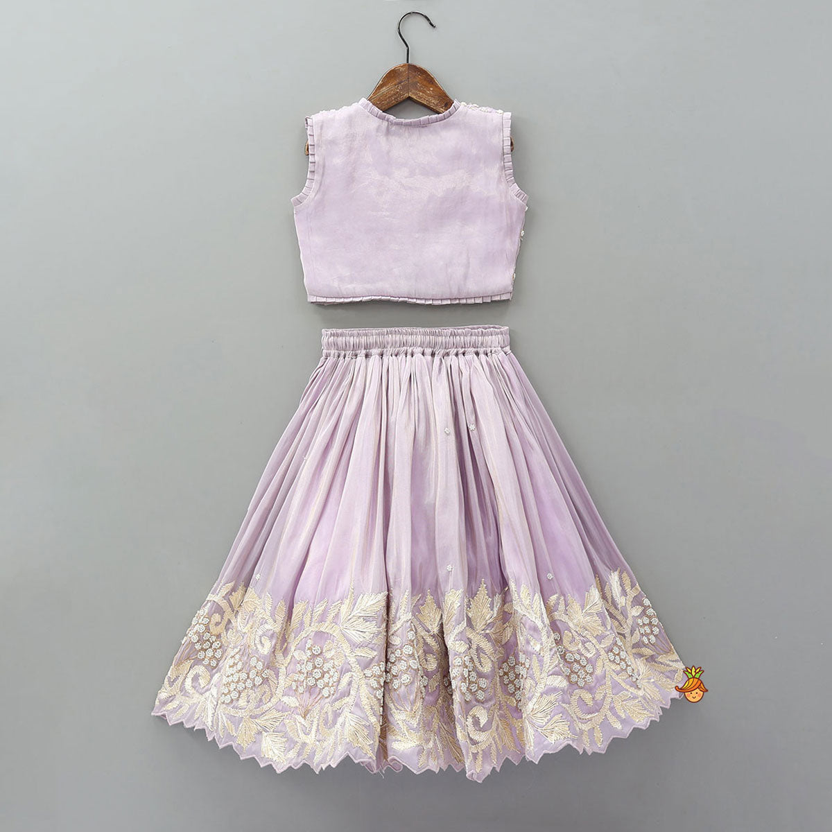 Pre Order: Embroidered Stylish Hem Shimmery Top And Pleated Lehenga With Net Dupatta