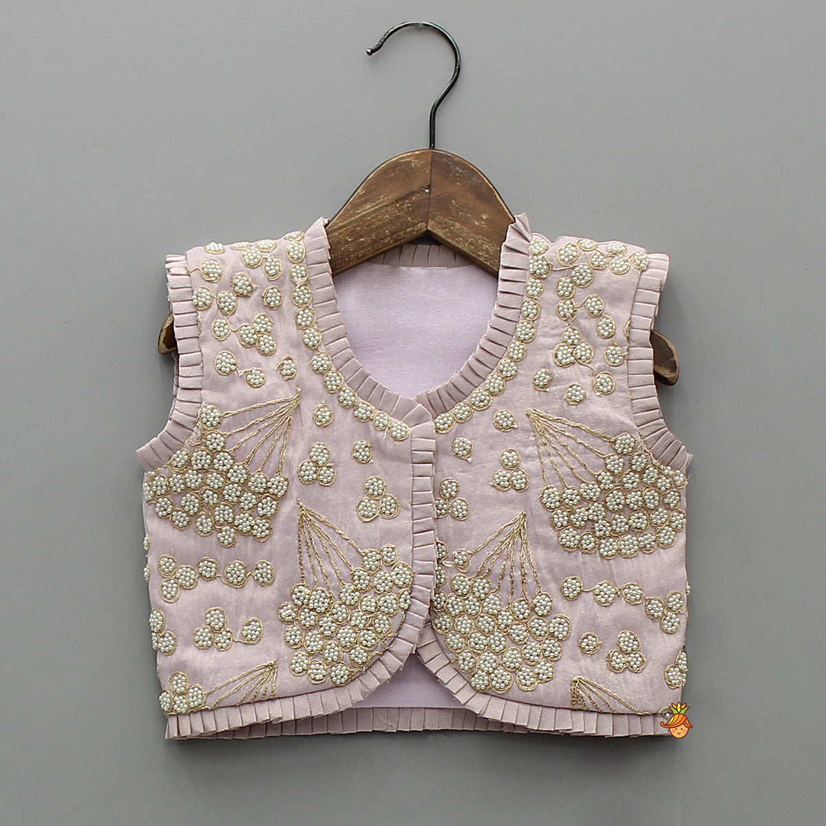 Pre Order: Embroidered Stylish Hem Shimmery Top And Pleated Lehenga With Net Dupatta