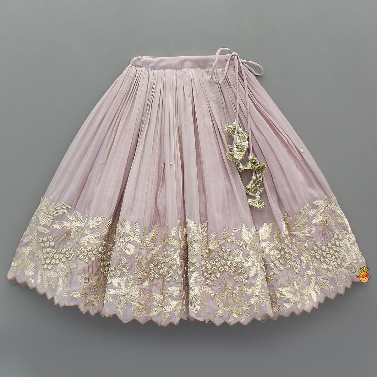 Pre Order: Embroidered Stylish Hem Shimmery Top And Pleated Lehenga With Net Dupatta