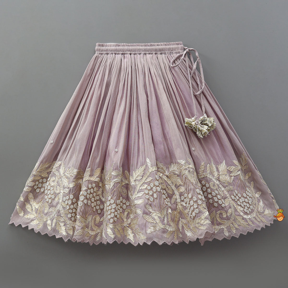 Pre Order: Embroidered Stylish Hem Shimmery Top And Pleated Lehenga With Net Dupatta