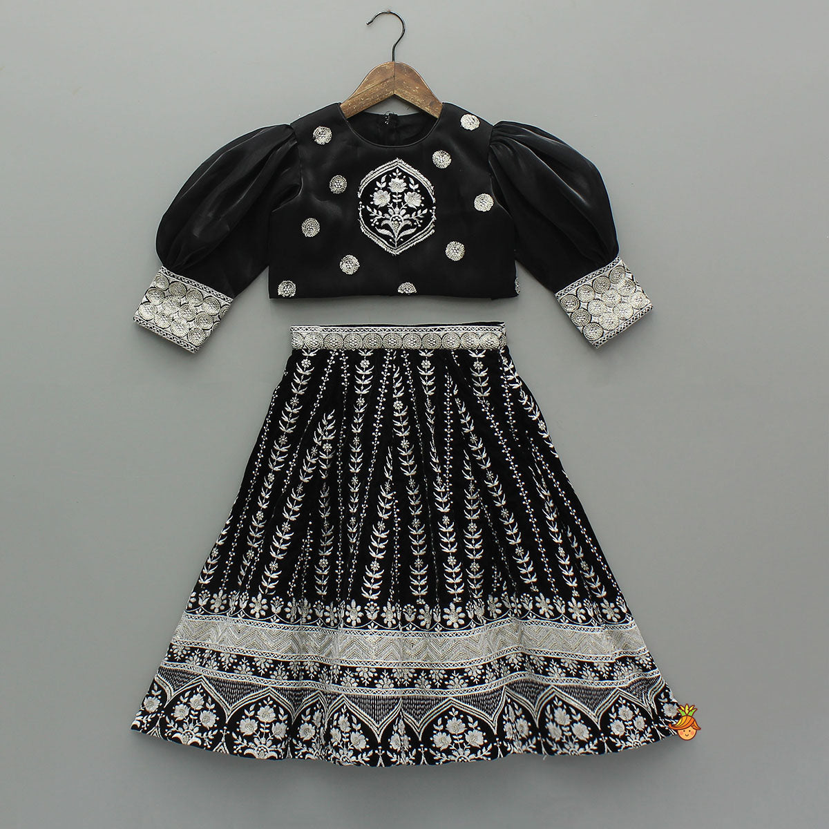 Pre Order: Puff Sleeves Top And Heavy Thread Embroidered Velvet Lehenga