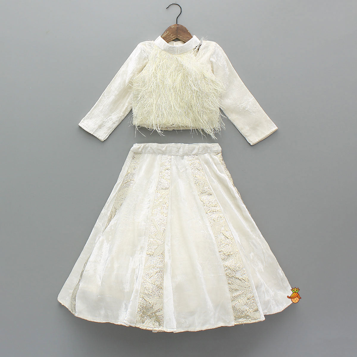 Pre Order: Velvet Inner Top With Halter Neck Fur Top And Gorgeous Dual-Tone Panelled Lehenga