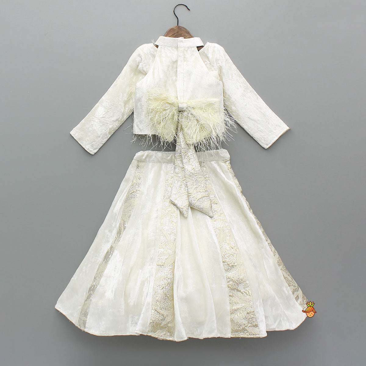 Pre Order: Velvet Inner Top With Halter Neck Fur Top And Gorgeous Dual-Tone Panelled Lehenga