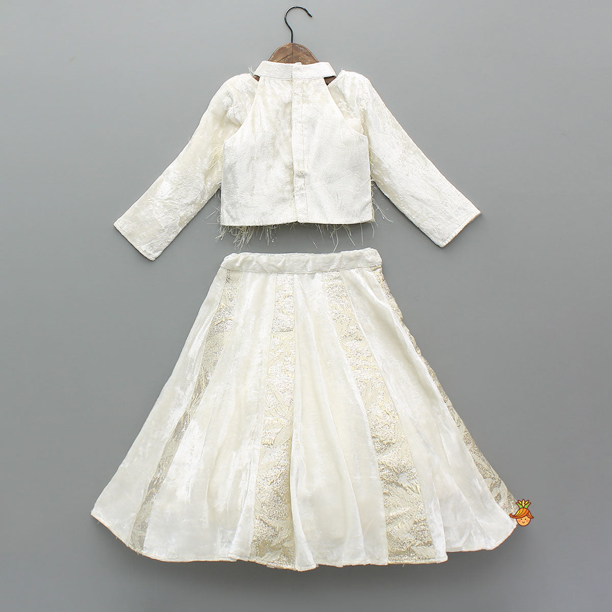 Pre Order: Velvet Inner Top With Halter Neck Fur Top And Gorgeous Dual-Tone Panelled Lehenga