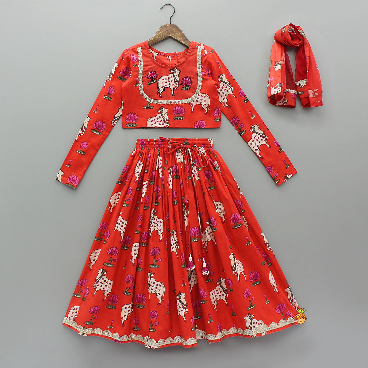 Pre Order: Lotus Printed Ethnic Top With Matching Lehenga And Dupatta