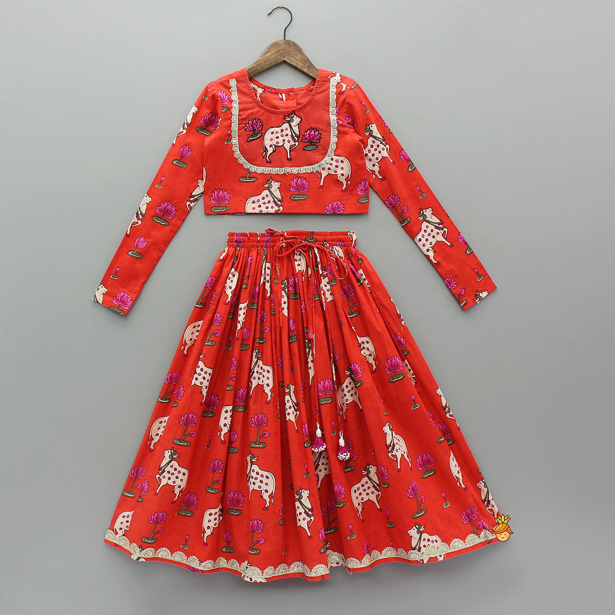 Pre Order: Lotus Printed Ethnic Top With Matching Lehenga And Dupatta