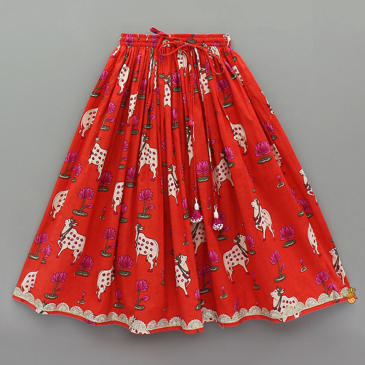 Pre Order: Lotus Printed Ethnic Top With Matching Lehenga And Dupatta