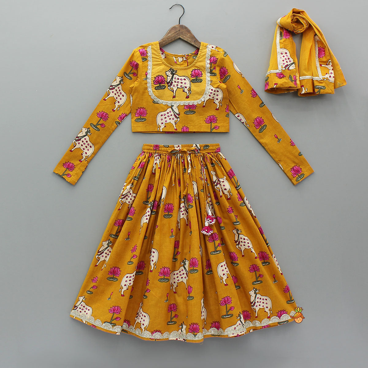 Pre Order: Lotus Printed Top With Matching Lehenga And Dupatta